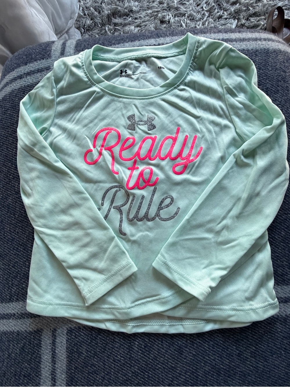 Under Armour Mint Green Long Sleeve Performance Shirt with pink font 18 M